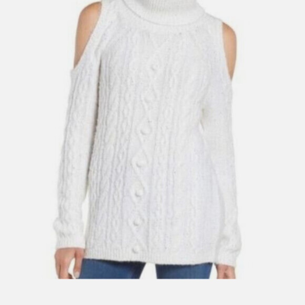 Women's White Sequin Cold  Shoulder Sweater